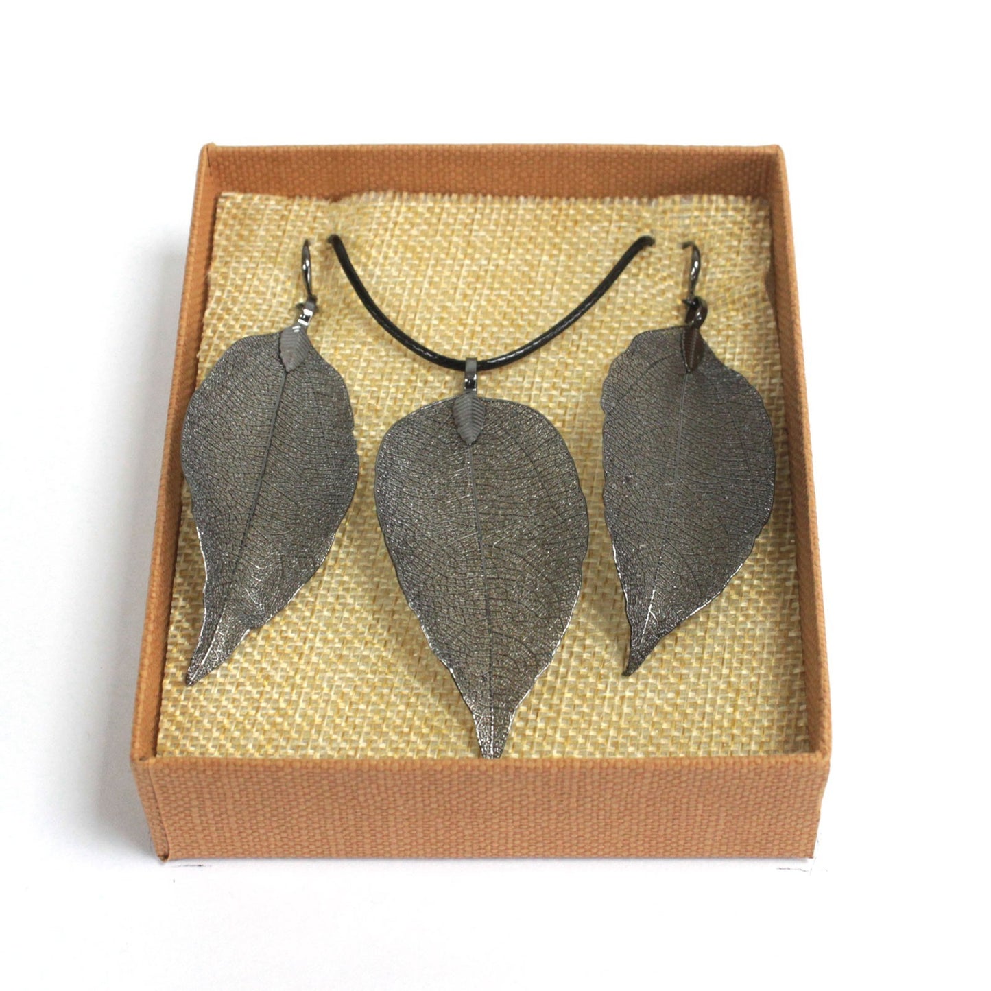 Set Collier Boucles d'Oreilles- Feuilles en Gouttes - Etain