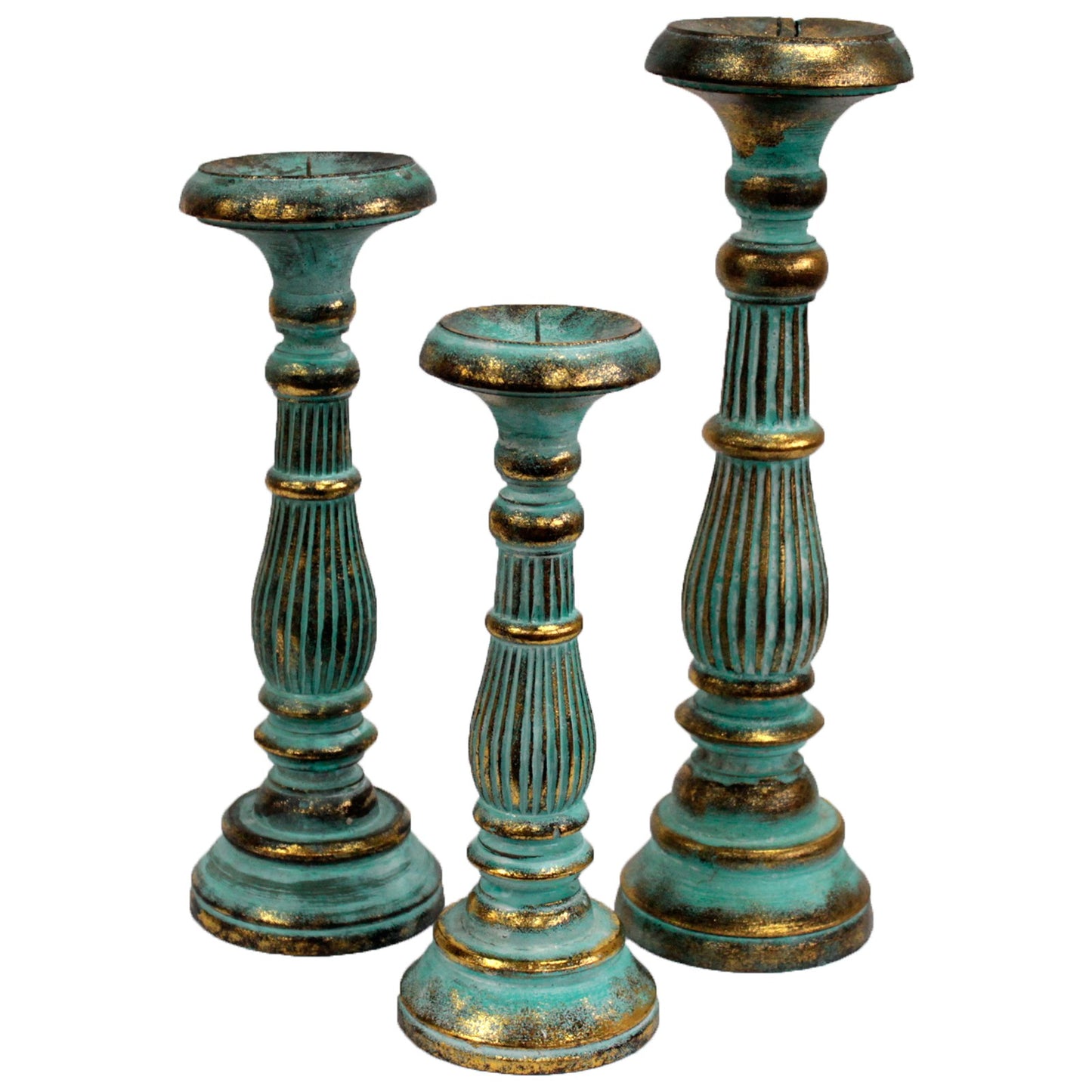 Bougeoir Bois Rétro Medium - Turquoise & Or