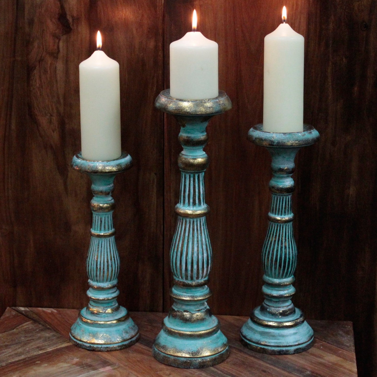 Bougeoir Bois Rétro Medium - Turquoise & Or