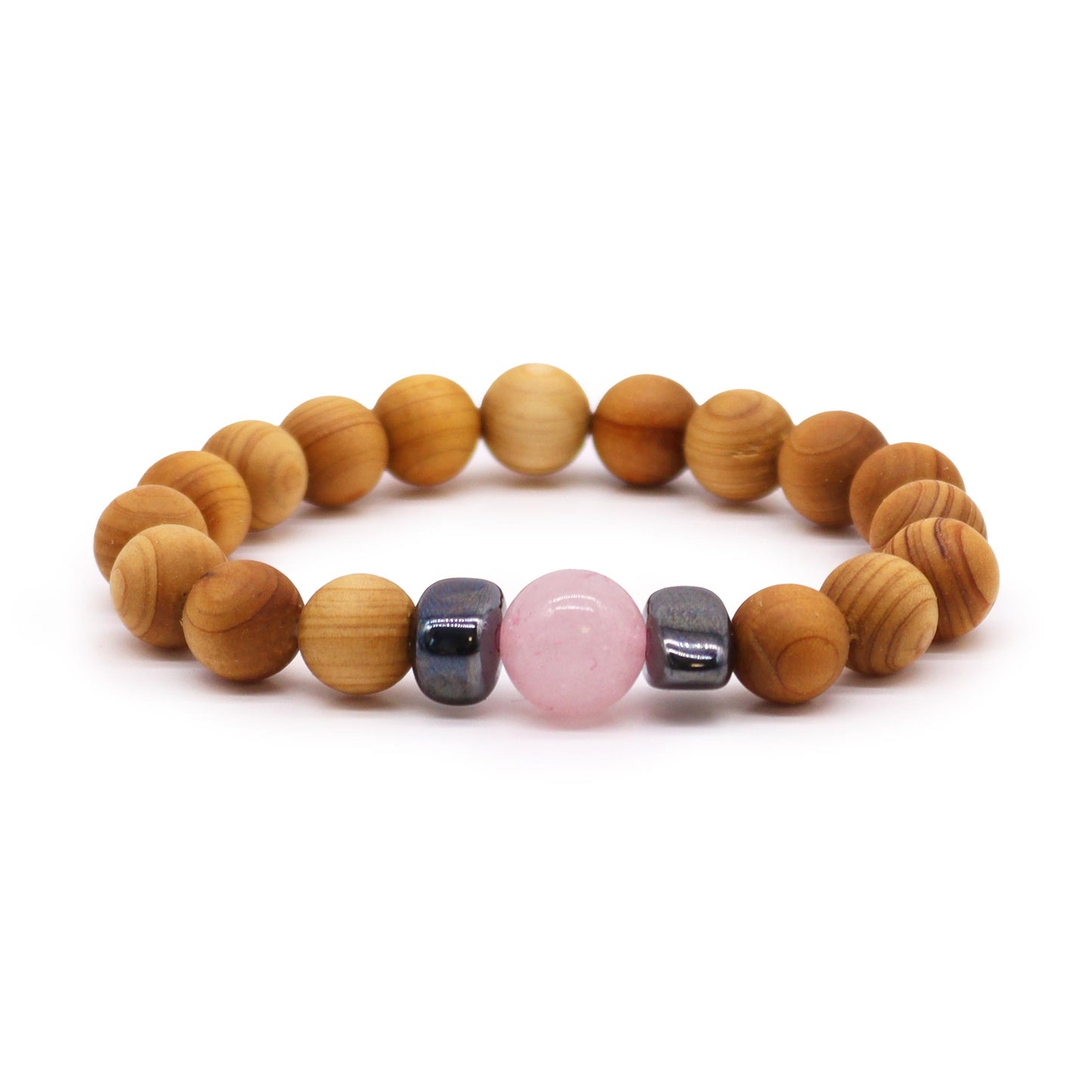 Bracelet Chakra du Coeur en Bois de CĂšdre avec Quartz Rose