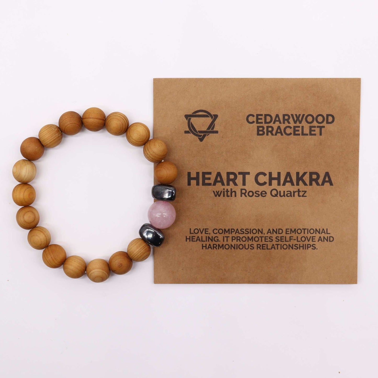 Bracelet Chakra du Coeur en Bois de CĂšdre avec Quartz Rose