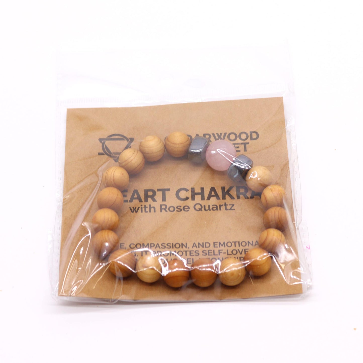 Bracelet Chakra du Coeur en Bois de CĂšdre avec Quartz Rose