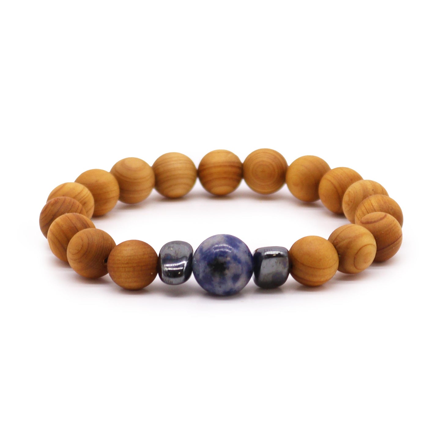 Bracelet Chakra de la Gorge en Bois de Cèdre avec Sodalite