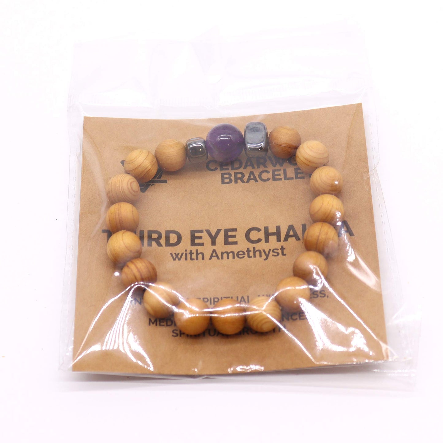 Bracelet Chakra du Troisième Oeil en Bois de Cèdre avec Améthyste