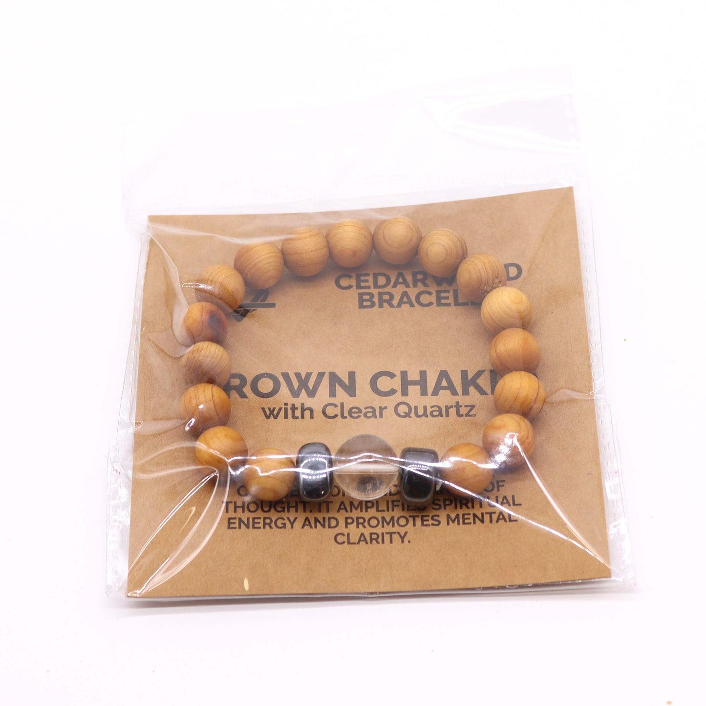 Bracelet Chakra de la Couronne en Bois de Cèdre avec Quartz Clair