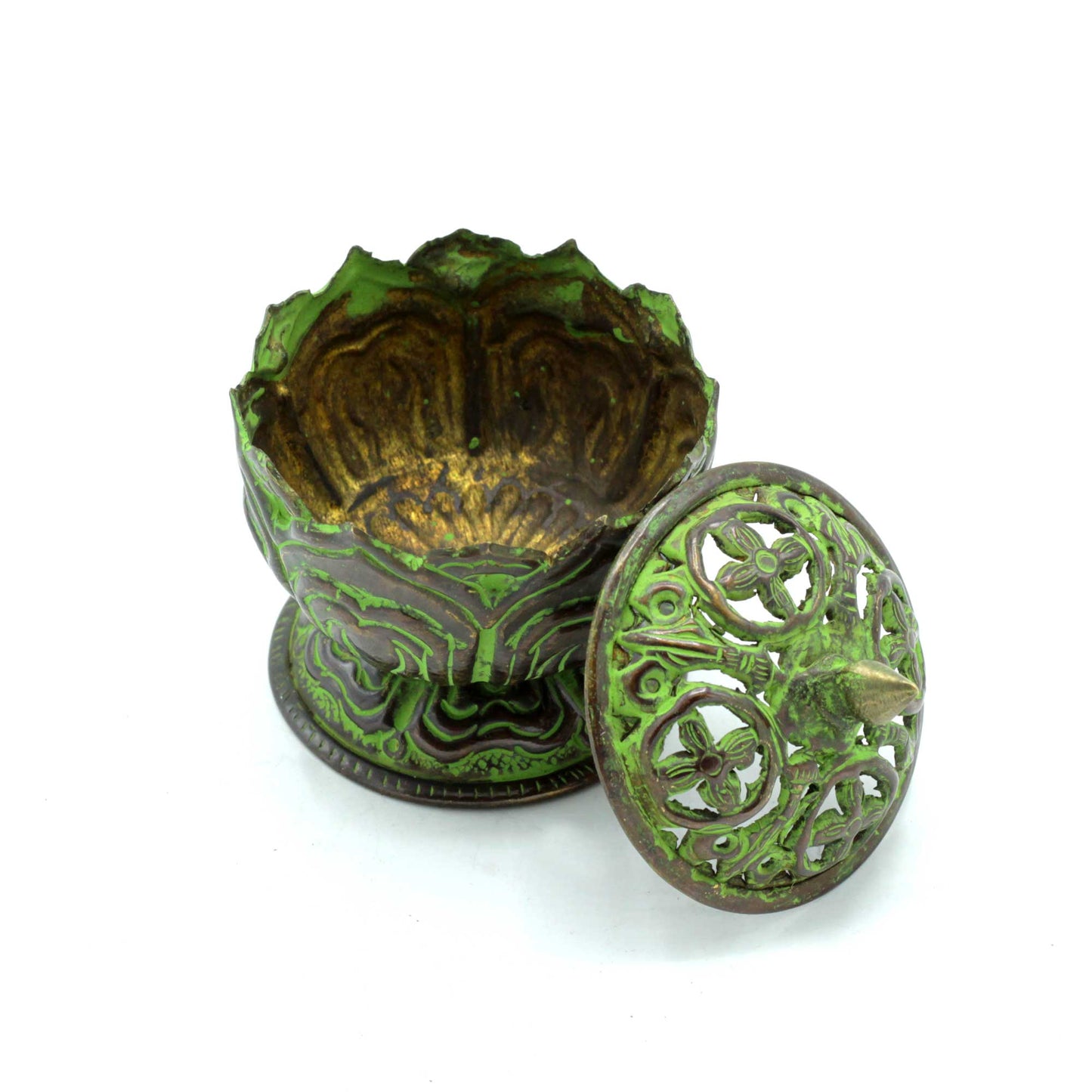 Brûleur d'Encens Tibétain en Laiton Vert-de-gris - Petit Lotus