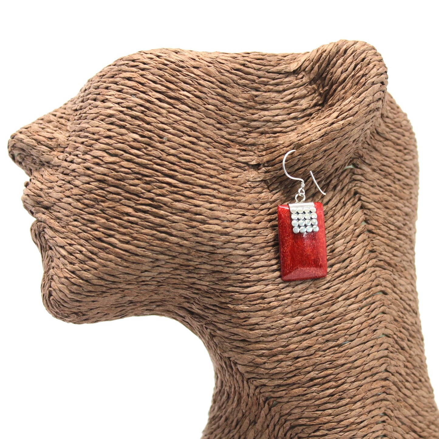 Boucle d'oreille argent 925 Imitation corail - Rectangulaire