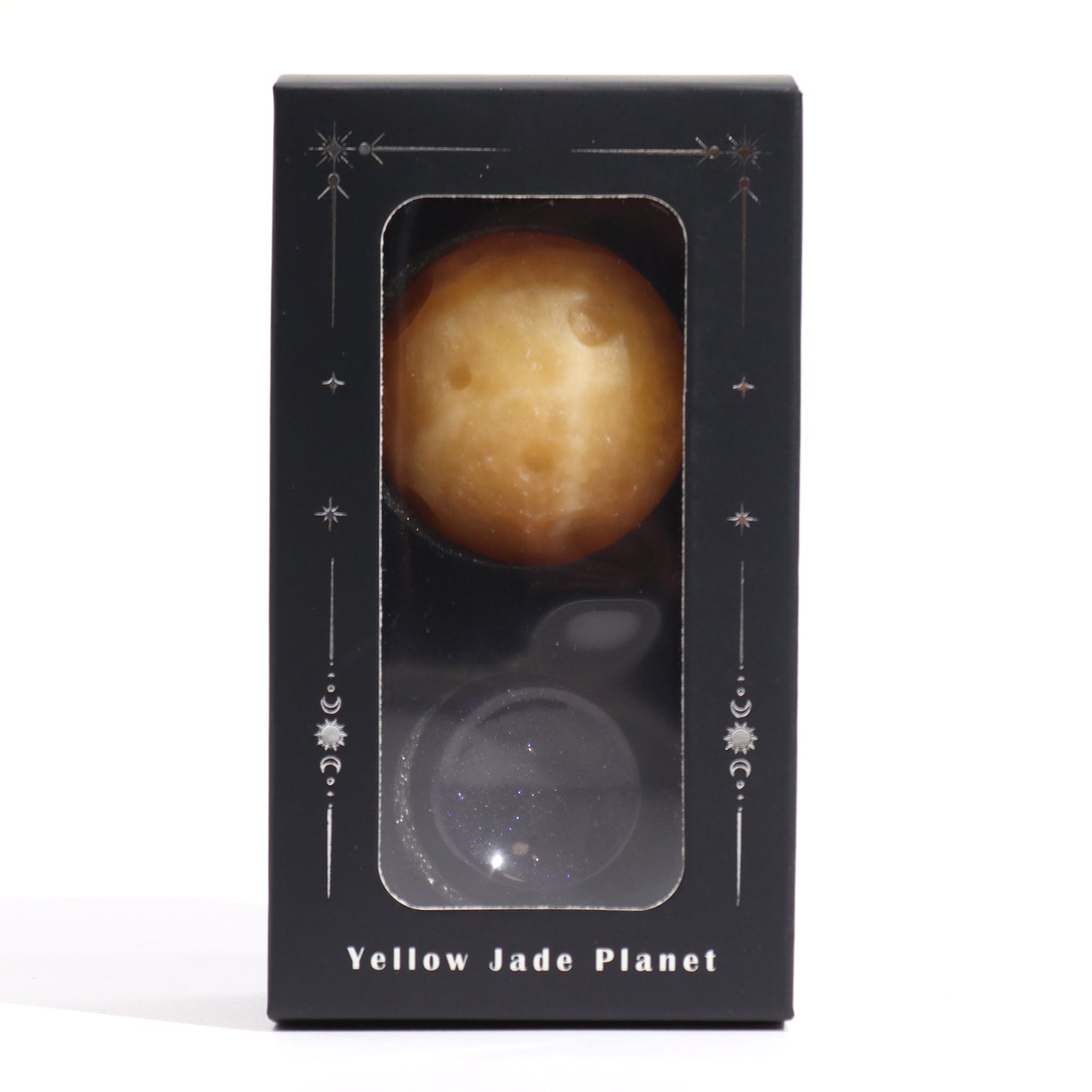 Planète en Jade Jaune sur Support en Pierre Goldstone - 40mm (support 30x15mm)