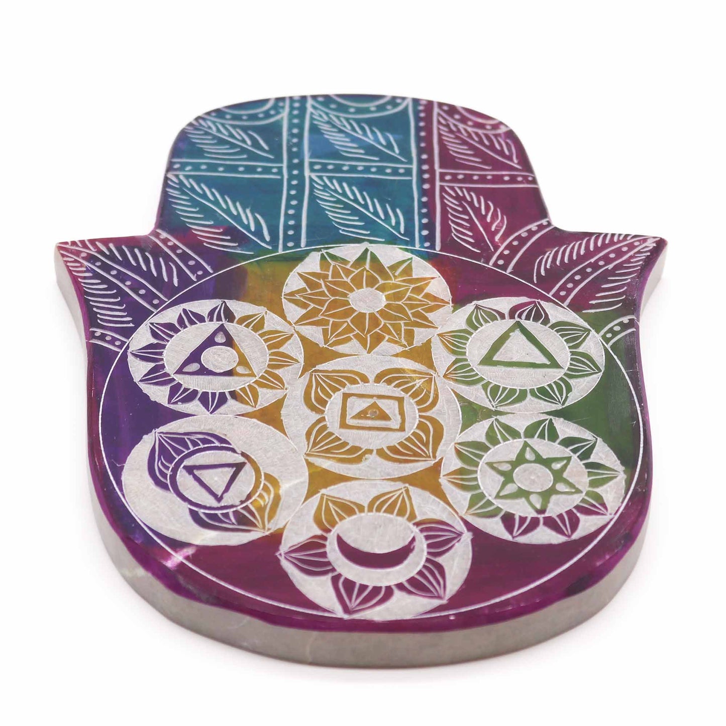 Porte-Encens Main de Fatma en Pierre Stéatite Large 18x15x1.2cm - 7 Chakras