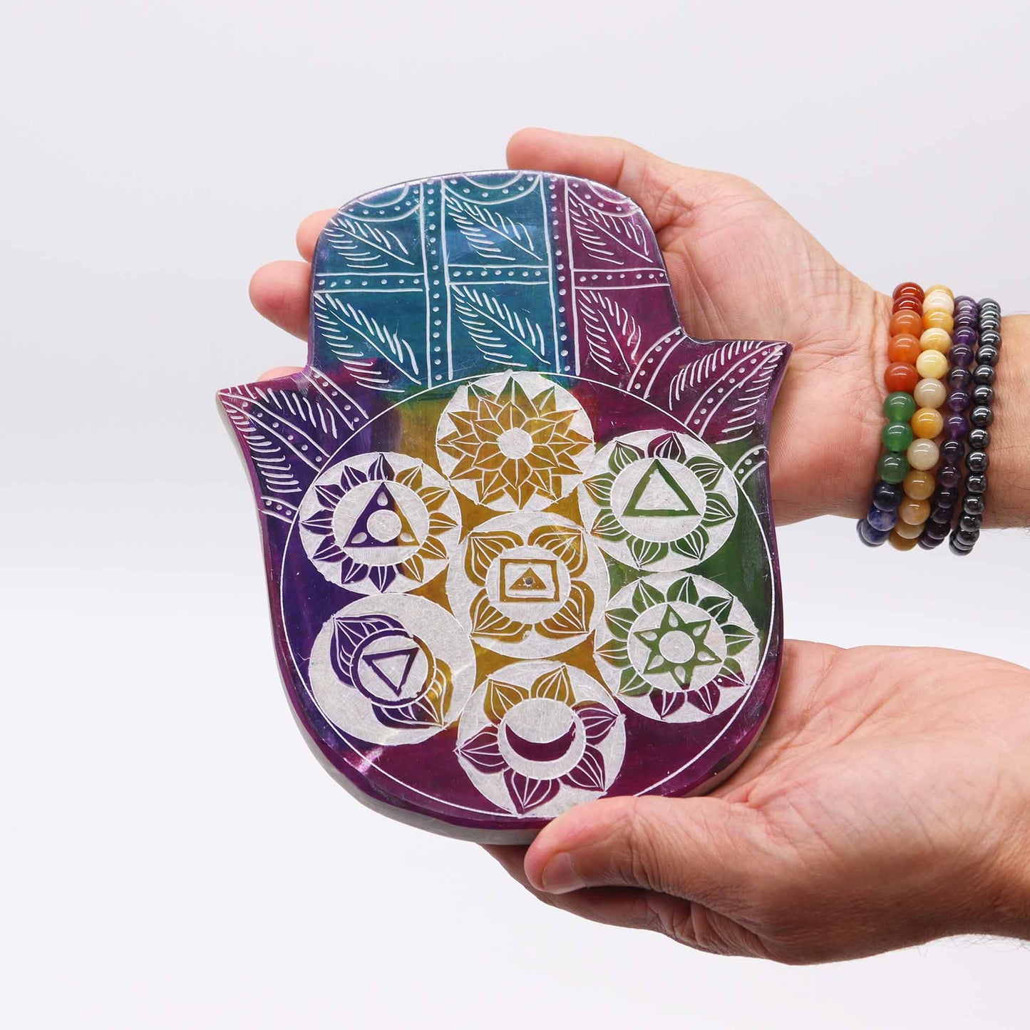 Porte-Encens Main de Fatma en Pierre Stéatite Large 18x15x1.2cm - 7 Chakras