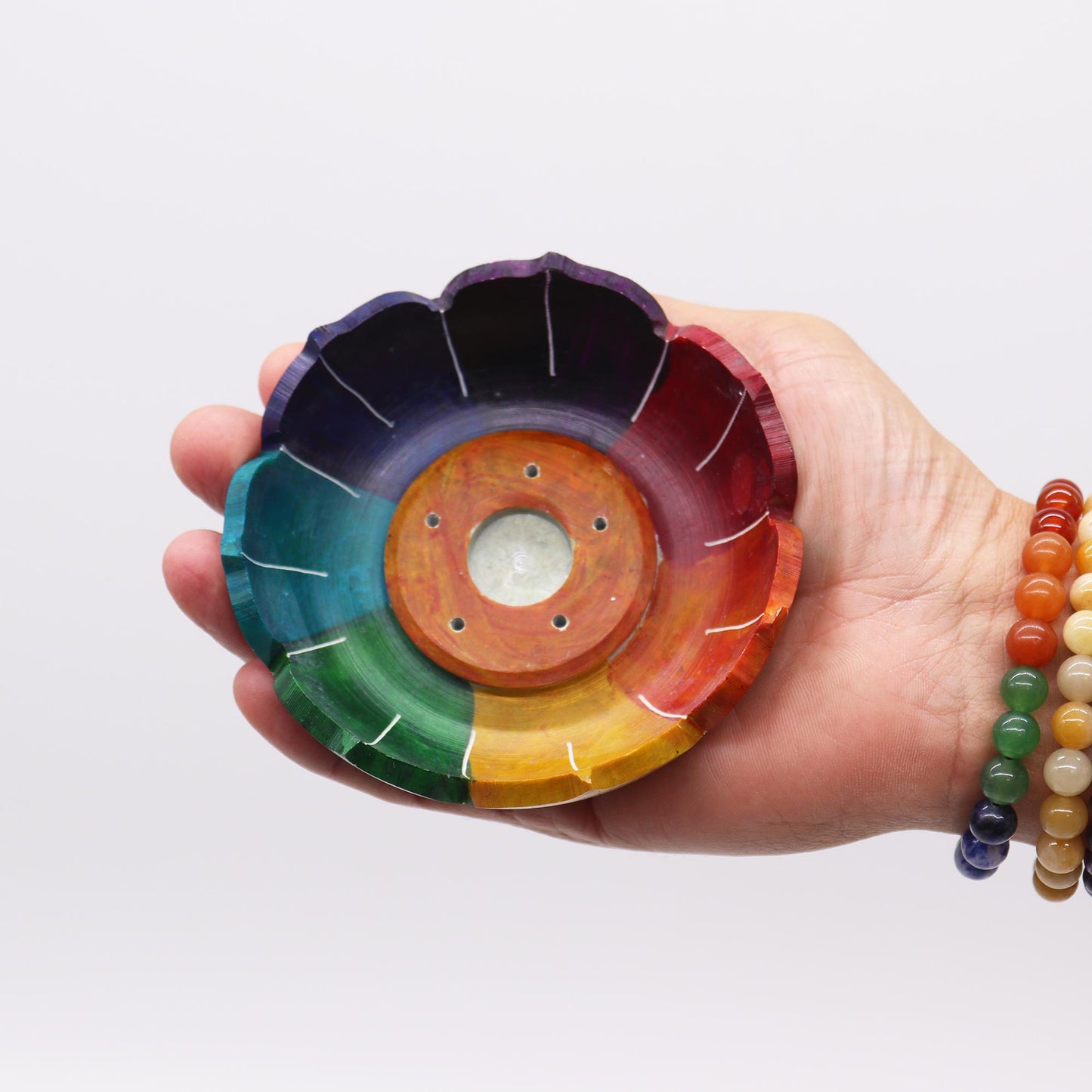 Porte-Encens Fleur de Lotus en Stéatite 10x3cm - Couleurs des Chakras