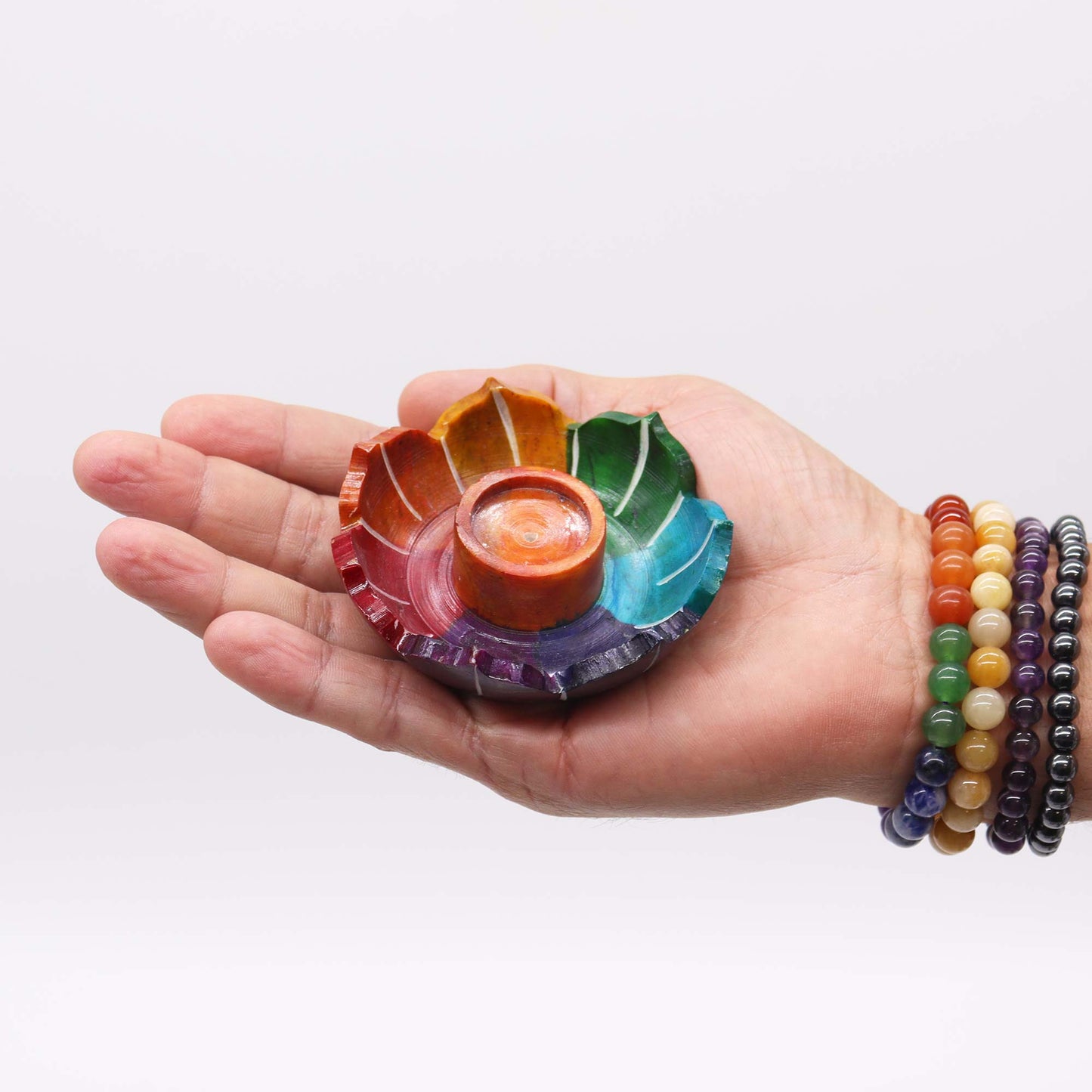 Petit Porte-Encens Fleur de Lotus en Stéatite 7,5x2,5 cm - Couleurs des Chakras