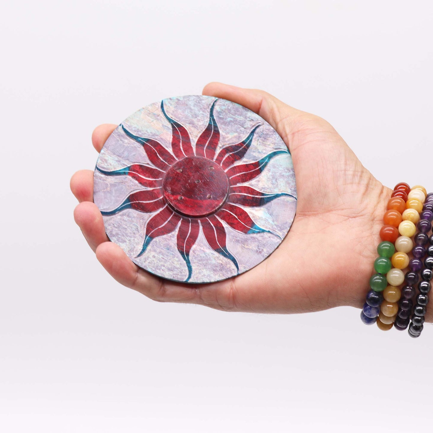 Porte-Encens Disque en Stéatite 10 cm - Fleur de Soleil (porte-5 bâtons)