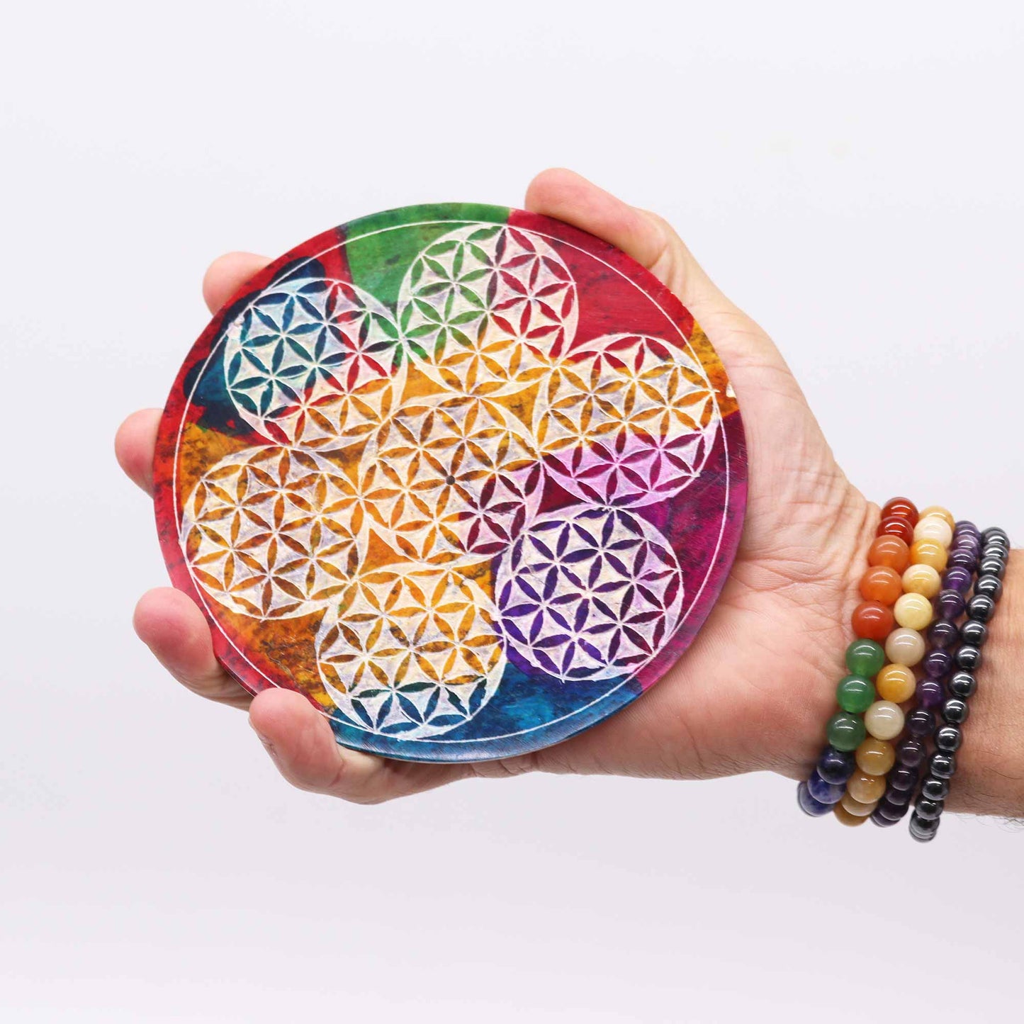 Porte-Encens Disque en Stéatite 12 cm - 7 Fleurs de Vie