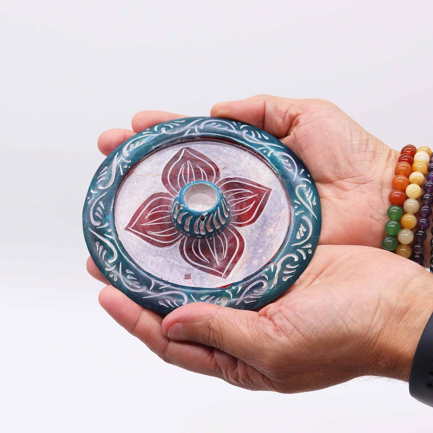 Porte-Encens Disque en Stéatite 12 cm - Quatre Pétales (cône et porte-encens)