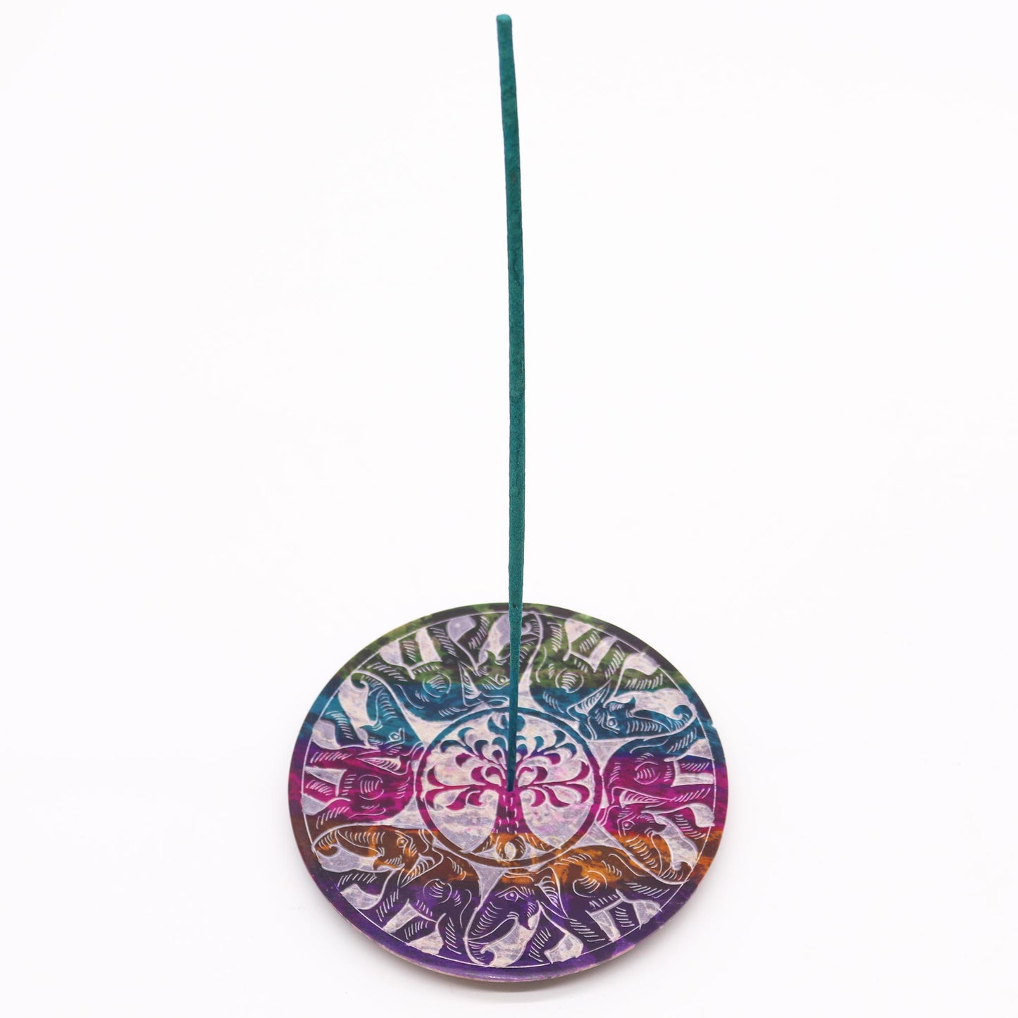 Porte-Encens Disque en Stéatite 12 cm - 6 Éléphants Porte-Bonheur