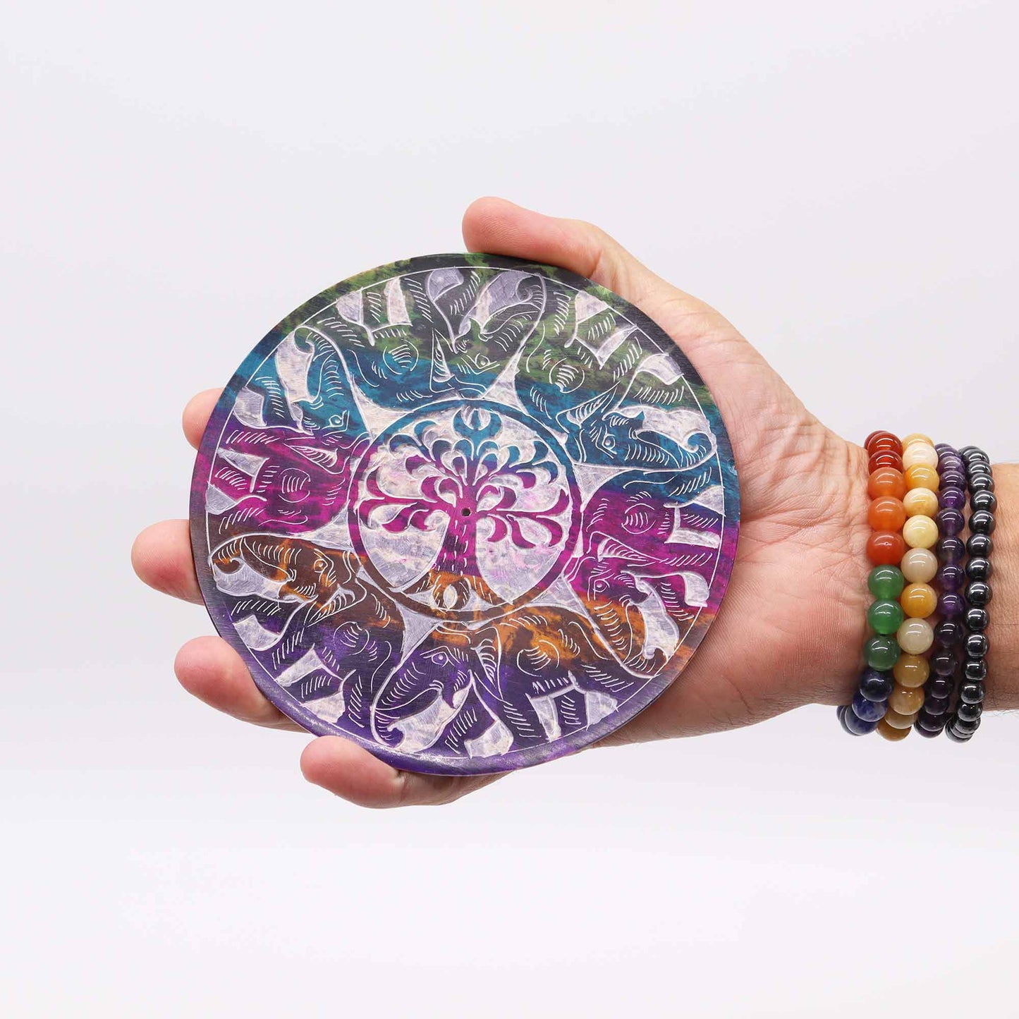 Porte-Encens Disque en Stéatite 12 cm - 6 Éléphants Porte-Bonheur