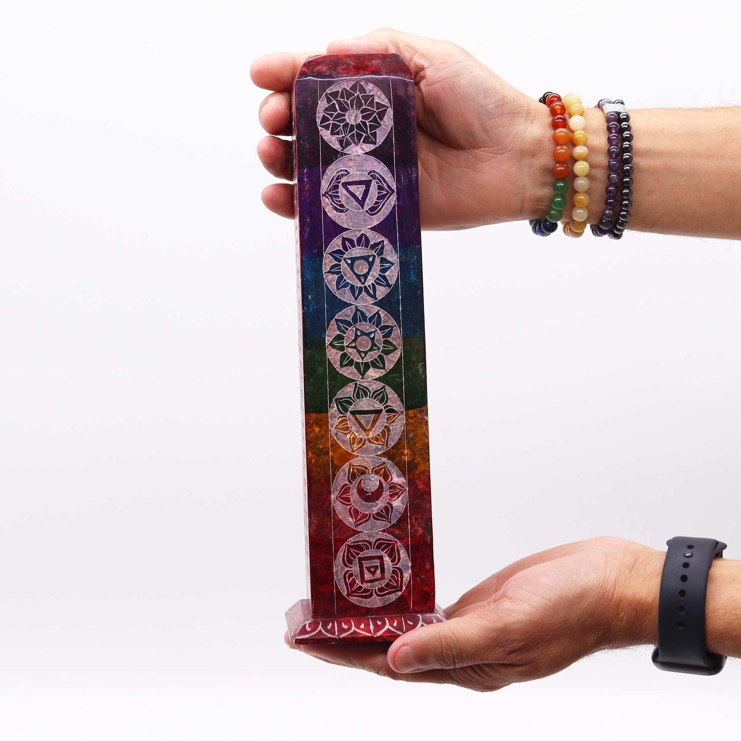 Porte-Encens Tour Carrée en Stéatite 25 cm - 7 Chakras