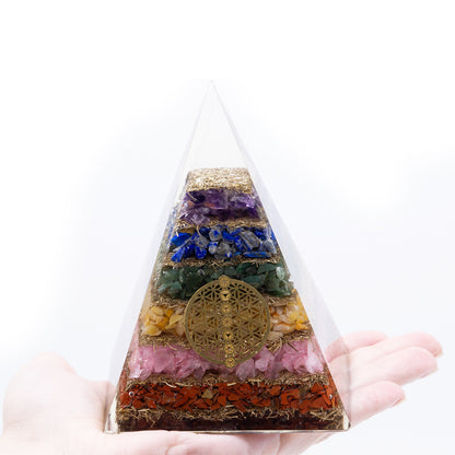 Pyramide Orgonite - Sept Chakra Fleur de Vie - 70mm