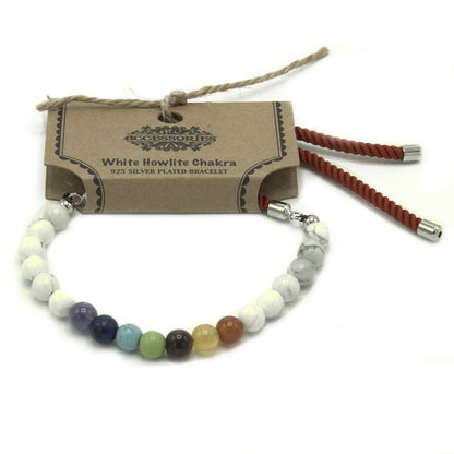 Bracelet en Gemme plaqué argent 925 - Cordon Rouge Royal - Howlite Blanche