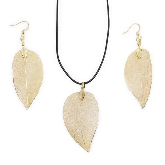 Set Collier Boucles d'Oreilles- Feuilles en Gouttes - Doré