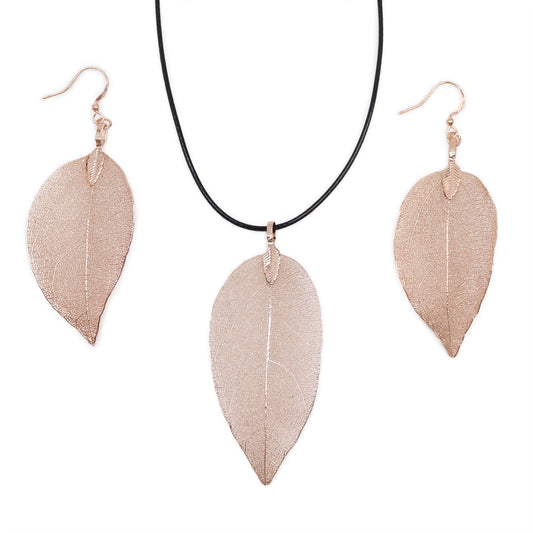 Set Collier Boucles d'Oreilles- Feuilles en Gouttes - Or Rose