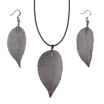 Set Collier Boucles d'Oreilles- Feuilles en Gouttes - Etain
