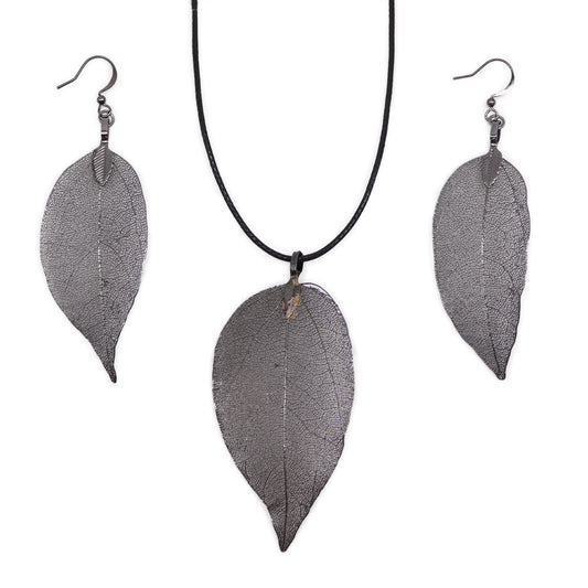 Set Collier Boucles d'Oreilles- Feuilles en Gouttes - Etain