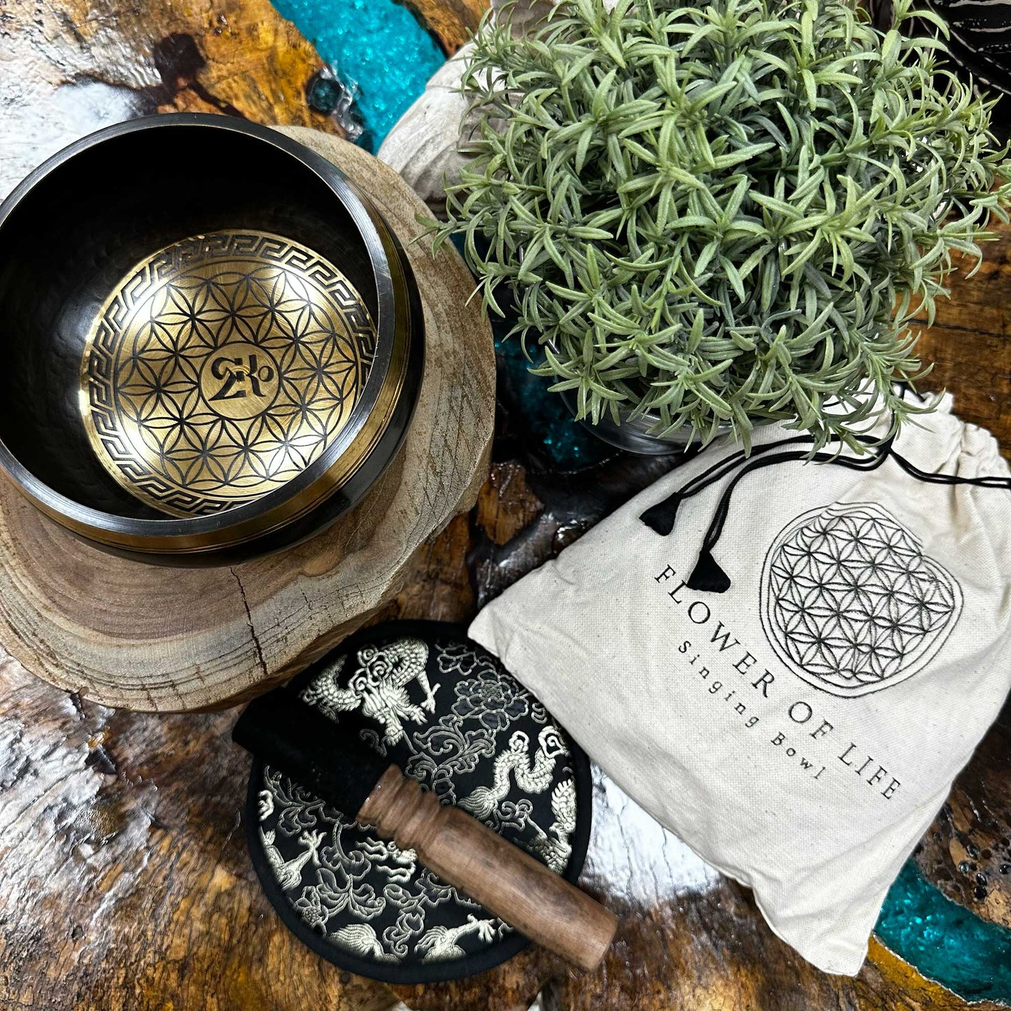 Coffret Cadeau Bol Chantant Gravé à la Main - 14cm - Fleur de Vie