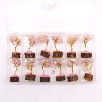 Mini Arbre en Pierres Précieuses sur Socle en Bois -  Quartz Rose  (15 pierres)