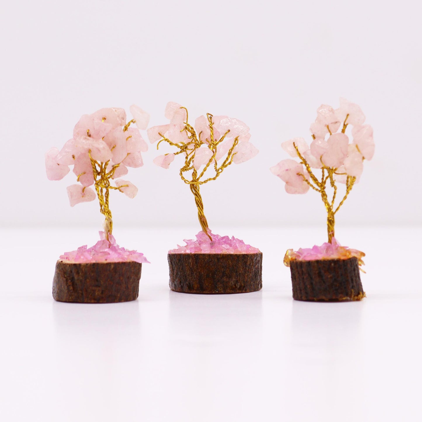 Mini Arbre en Pierres Précieuses sur Socle en Bois -  Quartz Rose  (15 pierres)