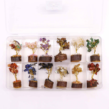Mini Arbre en Pierres Précieuses sur Socle en Bois - Mélange Assorti (15 pierres)