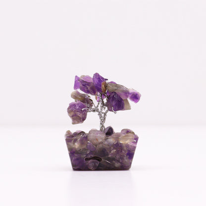 Mini Arbre de Pierres Précieuses sur Base d'Orgonite - Améthyste (15 pierres)