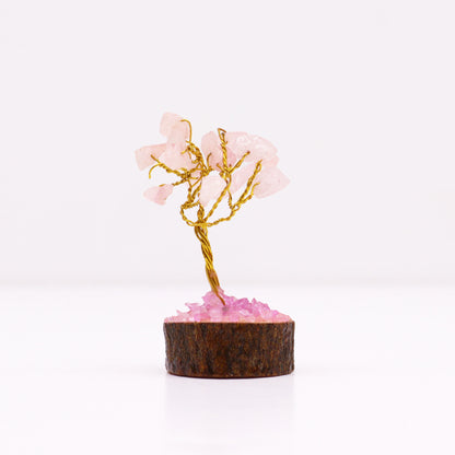 Mini Arbre en Pierres Précieuses sur Socle en Bois -  Quartz Rose  (15 pierres)