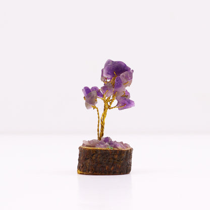 Mini Arbre en Pierres Précieuses sur Socle en Bois - Améthyste (15 pierres)