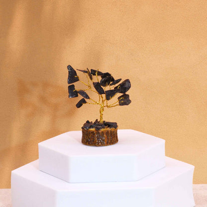 Mini Arbre en Pierres Précieuses sur Socle en Bois - Agate Noire (15 pierres)