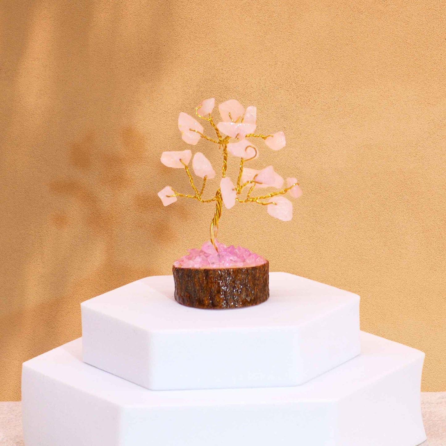 Mini Arbre en Pierres Précieuses sur Socle en Bois -  Quartz Rose  (15 pierres)