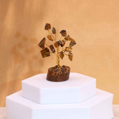 Mini Arbre en Pierres Précieuses sur Socle en Bois - Œil du Tigre (15 pierres)