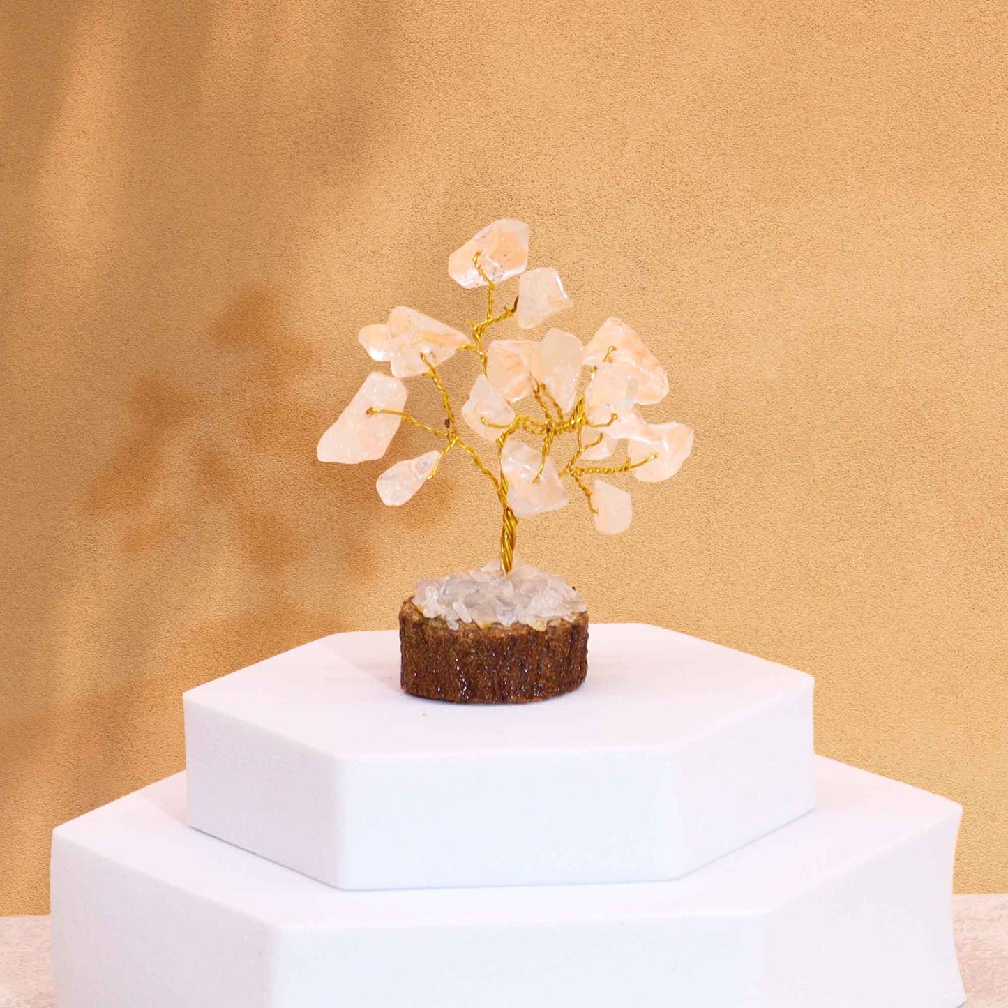 Mini Arbre en Pierres Précieuses sur Socle en Bois - Quartz de Roche (15 pierres)