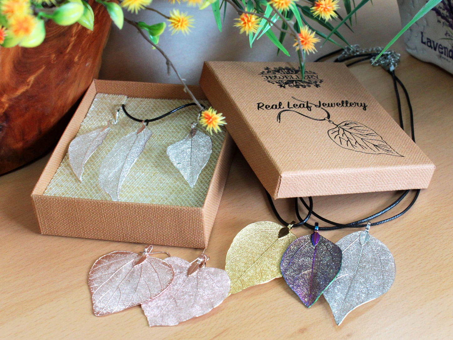 Set Collier Boucles d'Oreilles- Feuilles en Gouttes - Or Rose