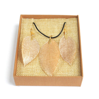 Set Collier Boucles d'Oreilles- Feuilles en Gouttes - Doré