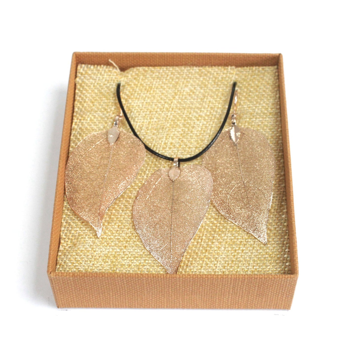 Set Collier Boucles d'Oreilles- Feuilles en Gouttes - Or Rose