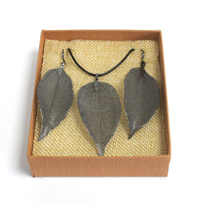 Set Collier Boucles d'Oreilles- Feuilles en Gouttes - Etain