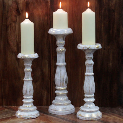 Bougeoir Bois Rétro Medium - Blanc & Or
