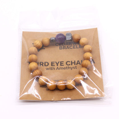 Bracelet Chakra du Troisième Oeil en Bois de Cèdre avec Améthyste