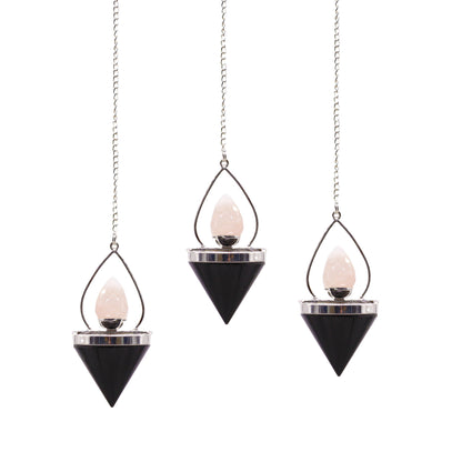 Pendule Lanterne de Vie en Pierres Précieuses - Agate Noire & Quartz Rose
