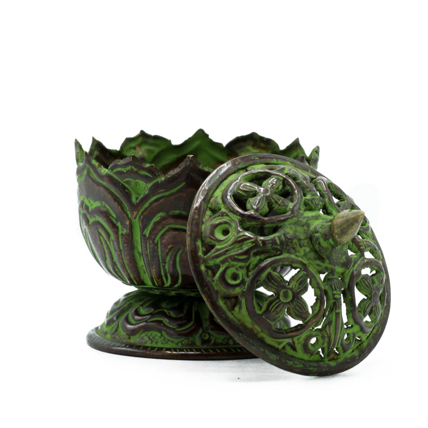 Brûleur d'Encens Tibétain en Laiton Vert-de-gris - Petit Lotus