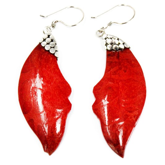 Boucle d'oreille argent 925Imitation corail - Feuille
