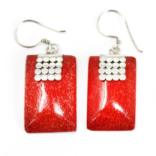 Boucle d'oreille argent 925 Imitation corail - Rectangulaire