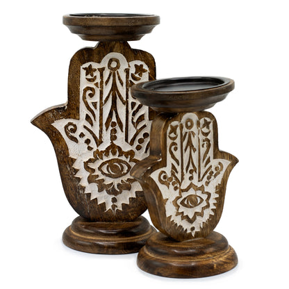 Porte-Bougies en Bois de Manguier - Main de Fatma - Petit 18x11cm